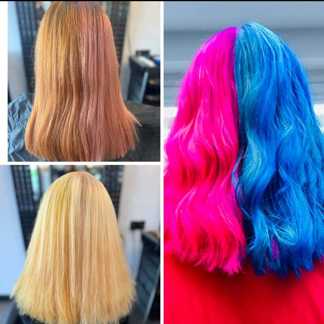 Split-Dye Fashion Colours - Creative hot pink and electric blue split-dye at Stella's Hair & Beauty Salon Barnsley