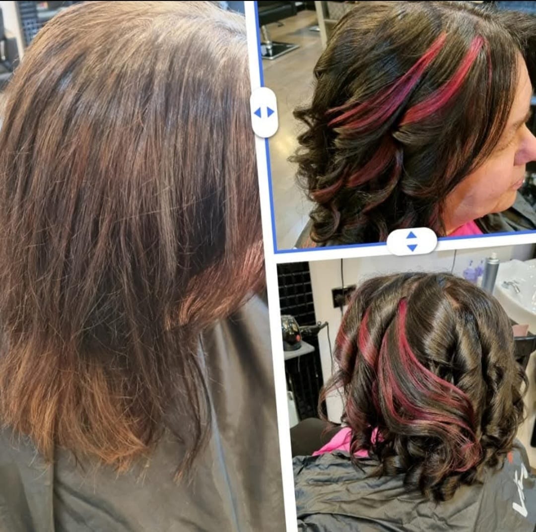 Creative Pink Highlights - Vibrant pink and red highlight transformation at Stella's Hair & Beauty Salon Barnsley